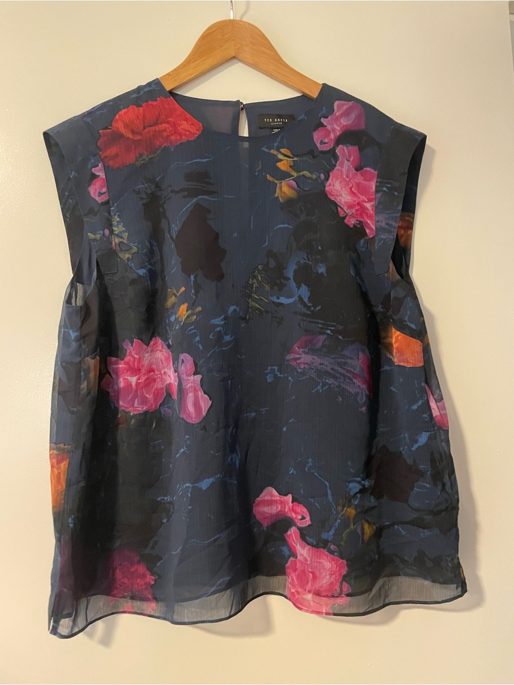 Ted Baker Navy Floral Cap-Sleeve Blouse with Pink & Orange Blooms